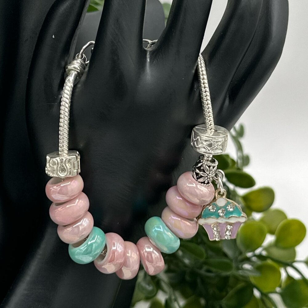Pandora Style Pink and Blue/Green Charm Bracelet with Cupcake Dangle, NWOT